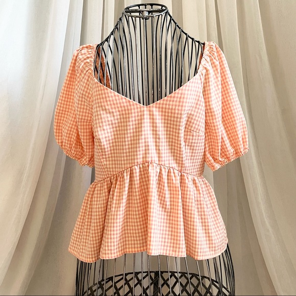 Shein Apricot Gingham Puff Sleeve Peplum Top - Picture 9 of 16